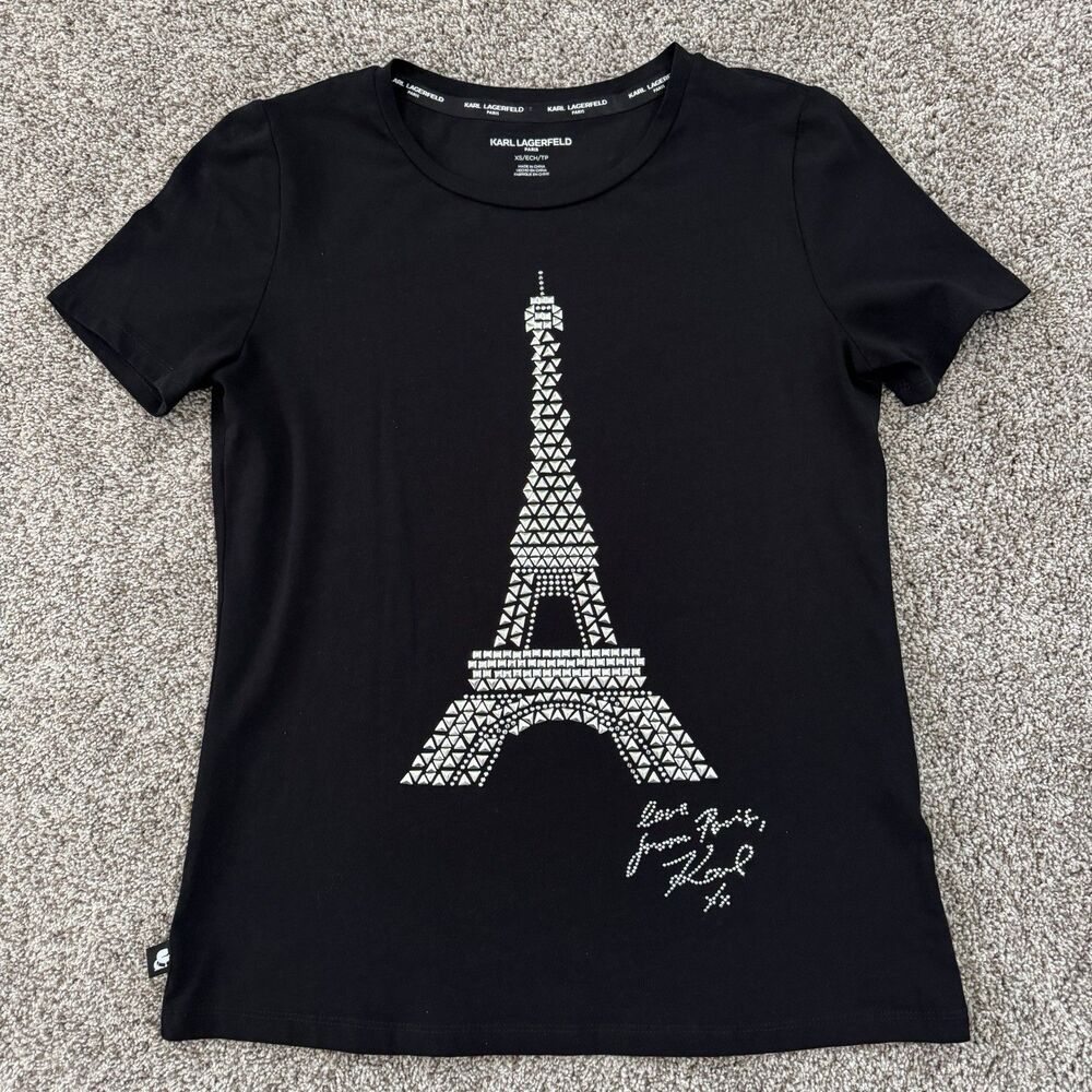 Karl Lagerfeld Paris Black Eiffel Tower Silver Studded T-Shirt Size XS